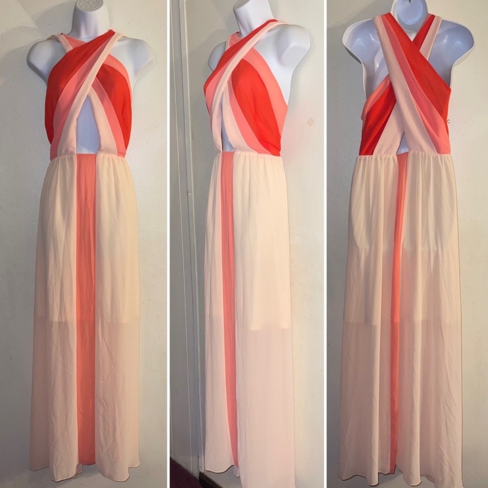 VENUS Pink and Red Chiffon Maxi Dress
